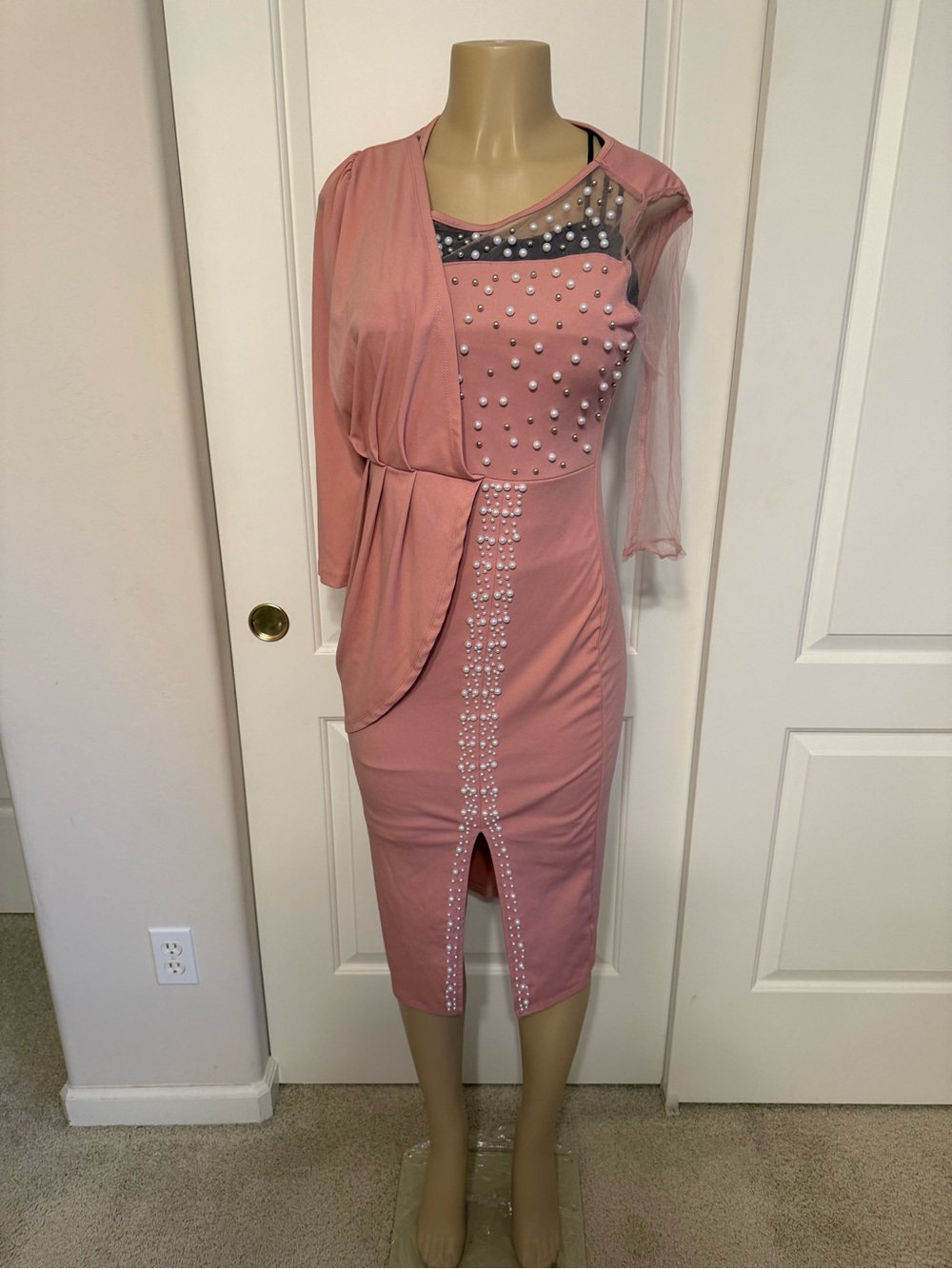 Rose Pink Midi Dress with Pearl Embellishments